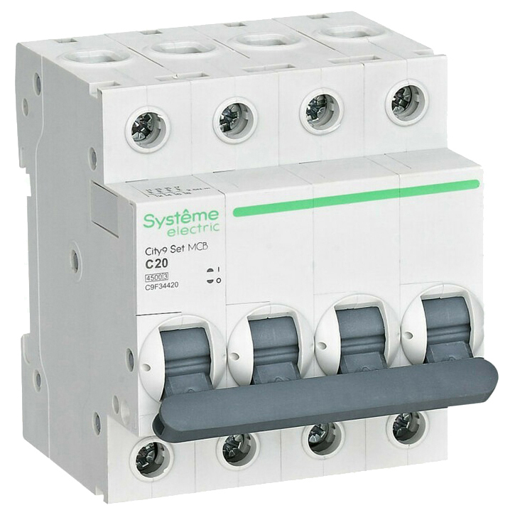 Автоматический выключатель четырехполюсный Systeme Electric City9 Set 4Р 20А (C) 4.5кА, сила тока 20 А, тип расцепления C, переменный, отключающая способность 4.5 kА